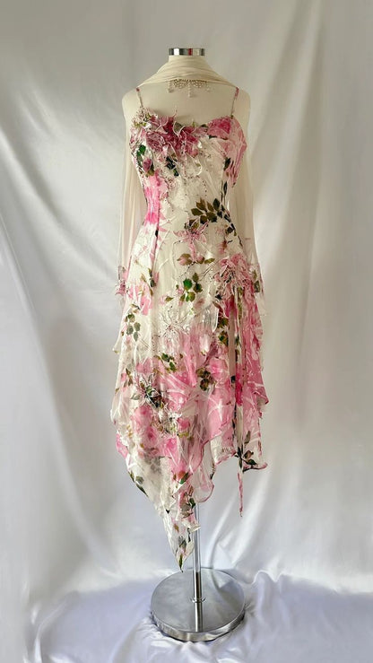 Sexy Pink A-line Printed Strap Chiffon Short Prom Gown Party Dress TP2177