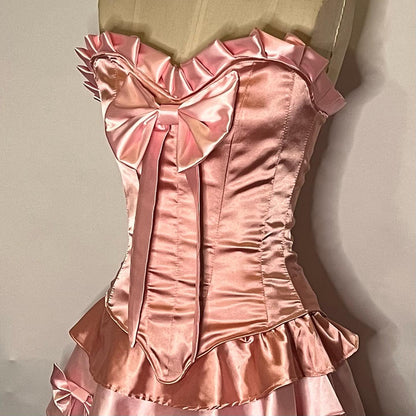 Sweet Pink Two Piece Satin Strapless Sweetheart Neck Mini Birthday Party Dress Prom Dress TP2180