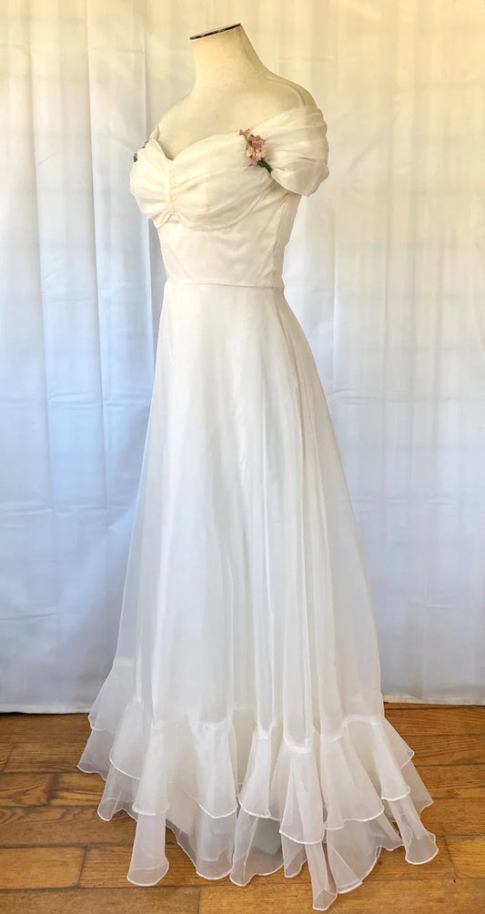 Vintage Ivory Off-The-Shoulder A-Line Floral Formal Prom Dress TP2193