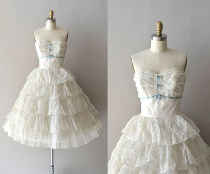 Vintage White Strapless Ruffle Lace Short Birthday Party Dress Prom Dress TP2196