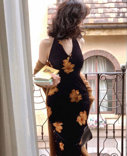 Elegant Mermaid Halter Neck Deep V Neck Velvet Printed Ball Gown Evening Dress TP2197
