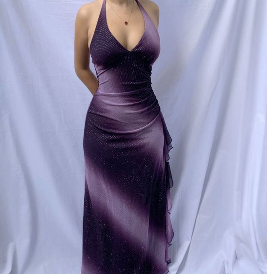 Retro Gradient Purple Halter Neck Deep V Neck Mermaid Ball Gown Evening Dress TP2199
