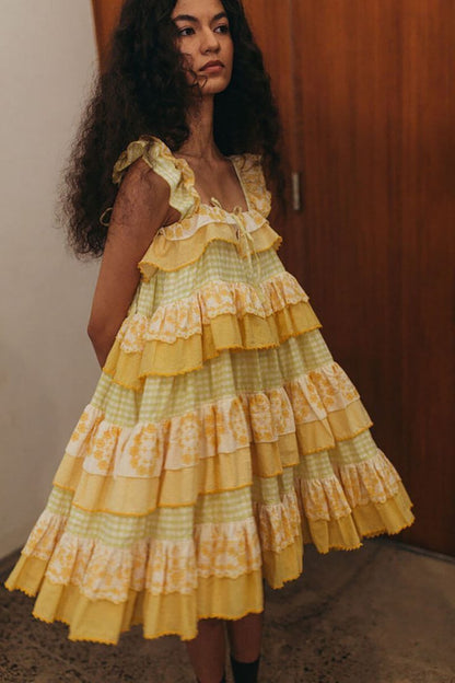 Vintage Yellow A-line Strap Lace Trim Mini Party Dress Homecoming Dress TP2220