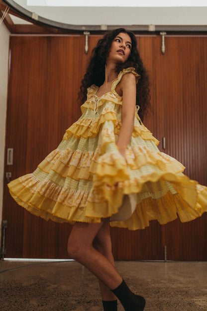 Vintage Yellow A-line Strap Lace Trim Mini Party Dress Homecoming Dress TP2220