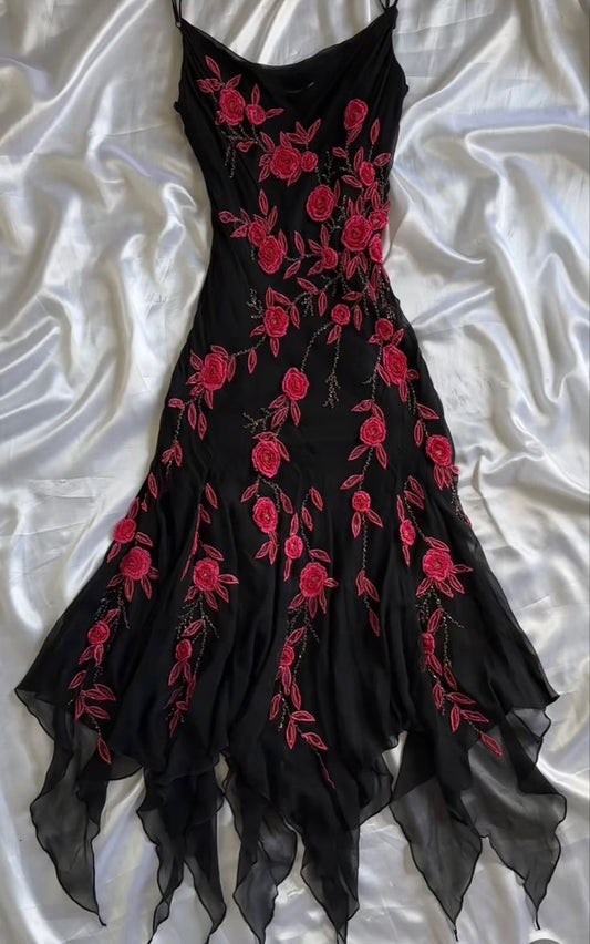 Vintage Strap Rose Floral Embroidery Irregular Skirt Ball Gown TP2222