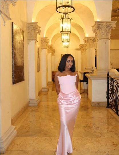Elegant Mermaid Pink Strapless Satin Long Ball Gown Evening Dress TP2239