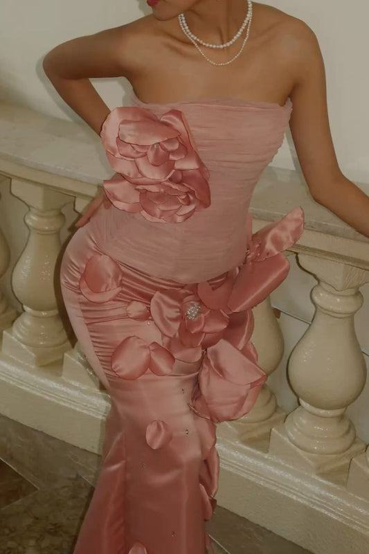 Elegant Pink Strapless Tulle 3D Flower Beaded Satin Mermaid Ball Gown Evening Dress TP2257