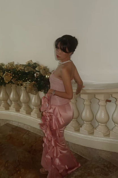 Elegant Pink Strapless Tulle 3D Flower Beaded Satin Mermaid Ball Gown Evening Dress TP2257