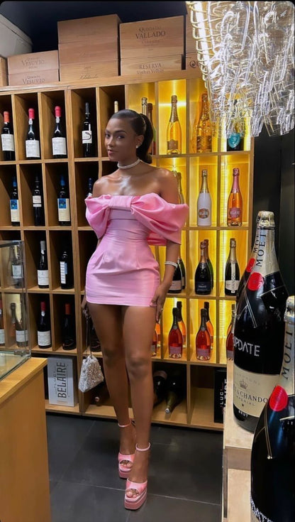 Sweet Pink Satin Bow Off-the-shoulder Bodycon Mini Birthday Party Dress Homecoming Dress TP2260