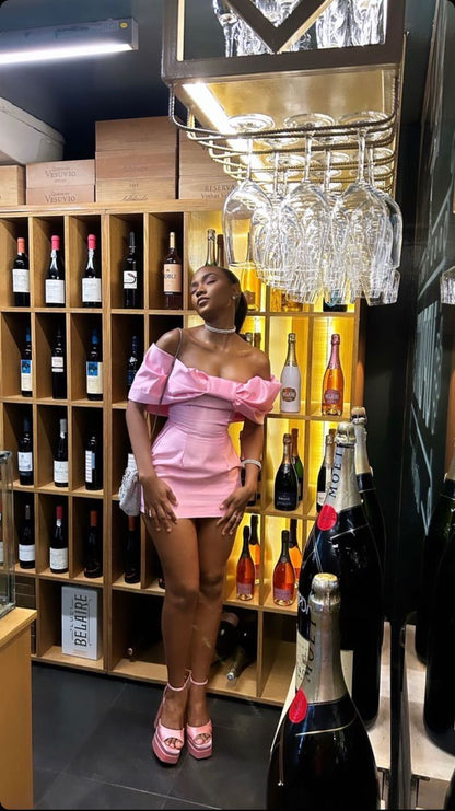 Sweet Pink Satin Bow Off-the-shoulder Bodycon Mini Birthday Party Dress Homecoming Dress TP2260