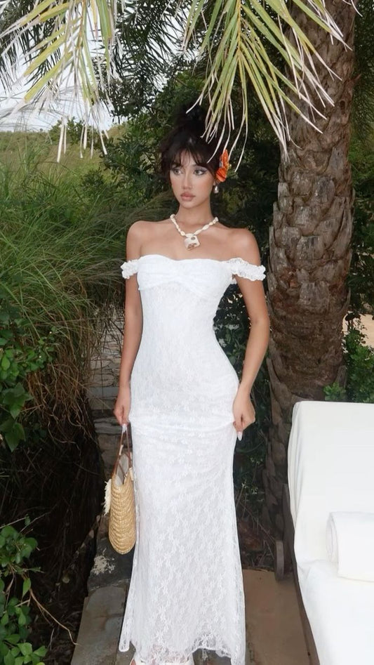 Vintage White Lace Off Shoulder Mermaid Long Ball Gown Evening Dress TP2261
