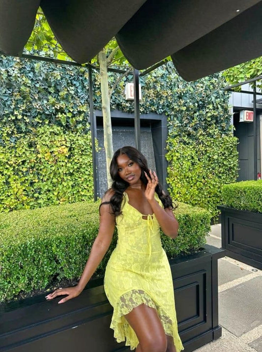 Gorgeous Yellow Strapless Lace High-Low Ball Gown Evening Dress TP2275