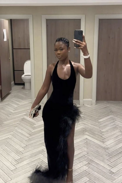 Sexy Black Velvet Halter Neck Side Slit Floor-Mounting Ball Gown Evening Dress TP2281