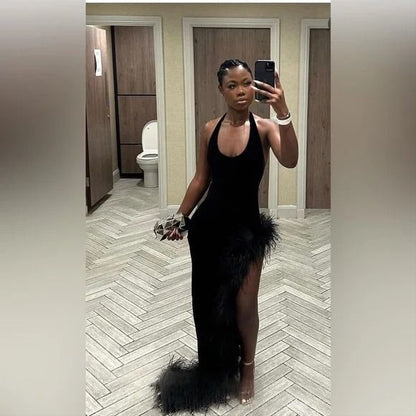Sexy Black Velvet Halter Neck Side Slit Floor-Mounting Ball Gown Evening Dress TP2281