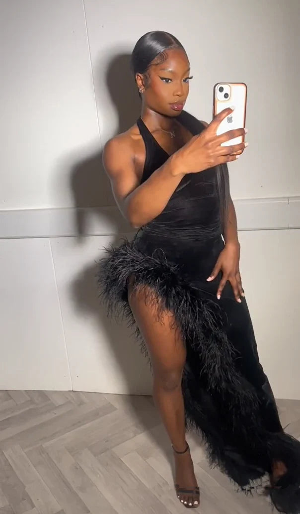 Sexy Black Velvet Halter Neck Side Slit Floor-Mounting Ball Gown Evening Dress TP2281