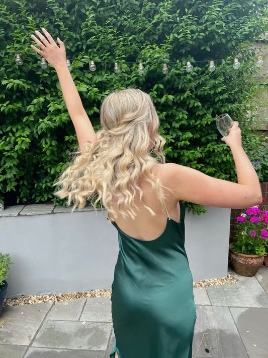 Elegant Green Spaghetti Strap Satin Backless Ankle-Length Prom Dress Evening Dress TP2297