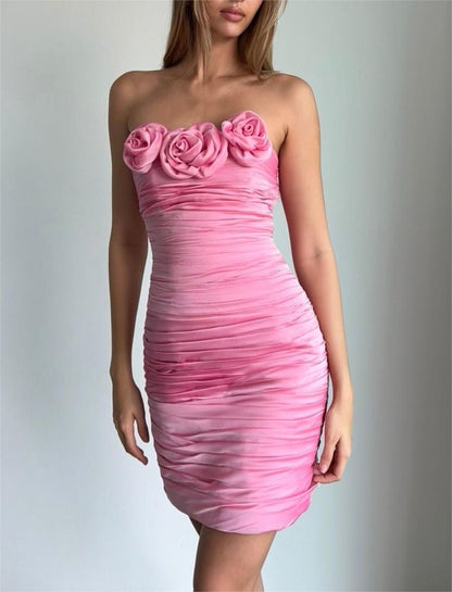 Off-the-shoulder Sleeveless Pink 3D Flower Pleated Mini Ball Gown Evening Dress TP2306