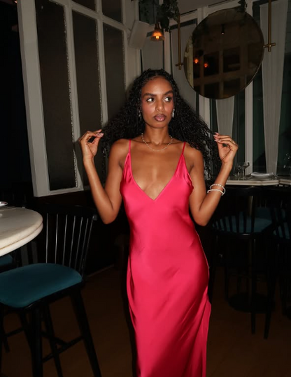 Hot Pink Spaghetti Strap Low Neck Satin Slit Floor Length Ball Gown Evening Dress TP2321