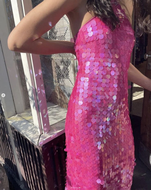Gorgeous Hot Pink Sequined Backless Sleeveless Ankle-Length Prom Dress Evening Dress TP2337