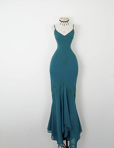 Vintage Blue Spaghetti Strap V Neck Beaded Off Shoulder Mermaid Ball Gown Evening Dress TP2350