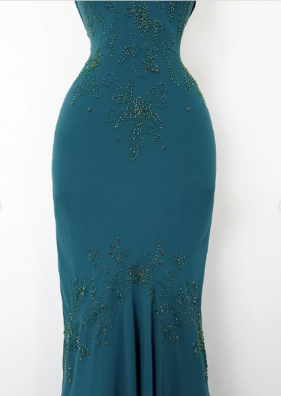 Vintage Blue Spaghetti Strap V Neck Beaded Off Shoulder Mermaid Ball Gown Evening Dress TP2350