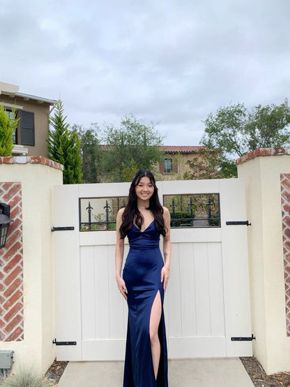 Navy Spaghetti Strap V Neck Satin Slit Formal Long Prom Dress  Bridesmaid Dress TP2356