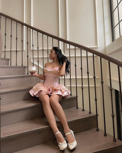 18th Birthday Sweet Pink Strapless Sweetheart Neck Lace Silk Satin Mini Birthday Dress Homecoming Dress TP2358