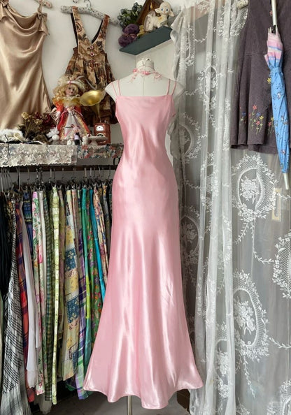 Vintage Spaghetti Strap Satin Beaded Mermaid Long Prom Dress Evening Dress TP2366