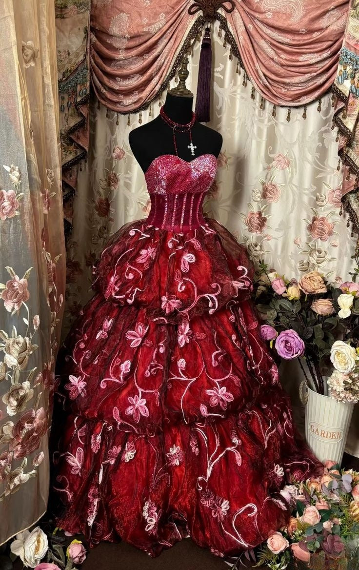 Vintage Strapless Sweetheart Neck A-Line Tiered Floral Floor-Length Prom Dress Evening Gown TP2371