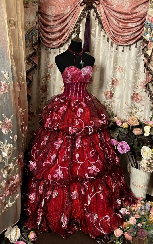 Vintage Strapless Sweetheart Neck A-Line Tiered Floral Floor-Length Prom Dress Evening Gown TP2371