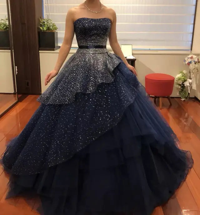 Elegant A-Line Navy Blue Strapless Beaded Floor-length Formal Prom Dress Evening Gown TP2389