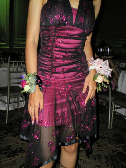 Vintage Pink Satin Halter Neck Sleeveless Sequin Short Ball Gown Evening Dress TP2394