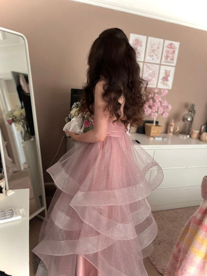 Elegant Pink A-line Spaghetti Strap Backless Layered Tulle Long Ball Gown Bridesmaid Dress TP2401
