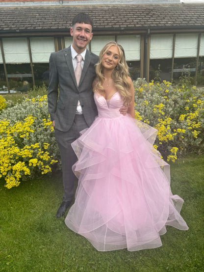 Elegant Pink A-line Spaghetti Strap Backless Layered Tulle Long Ball Gown Bridesmaid Dress TP2401