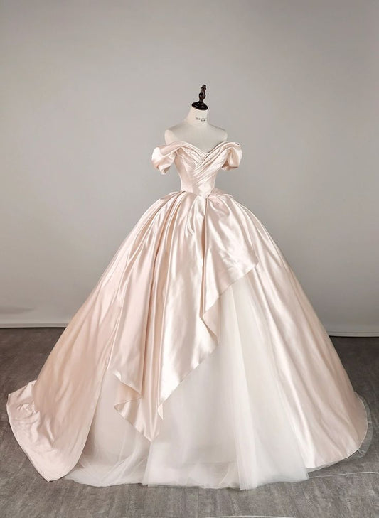 Elegant Pink Satin A-Line Off-The-Shoulder Floor-Sweeping Prom Dress Evening Gown TP2404