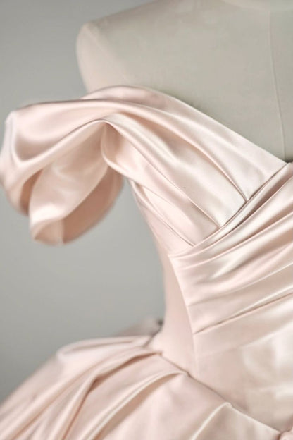 Elegant Pink Satin A-Line Off-The-Shoulder Floor-Sweeping Prom Dress Evening Gown TP2404