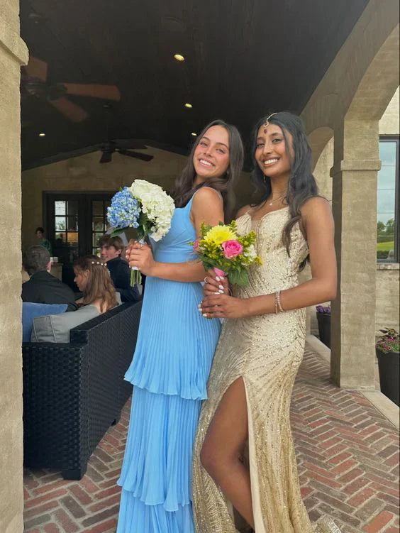 Elegant Blue Strapless Sleeveless Layered Pleated A-Line Ball Gown Bridesmaid Dress TP2407