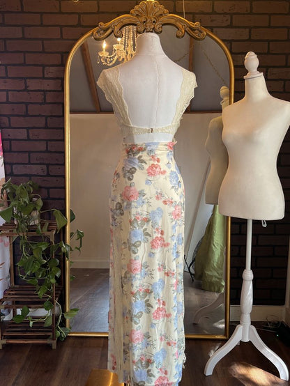 Vintage Floral Ivory Lace Backless Mermaid Prom Dress Evening Dress TP2487