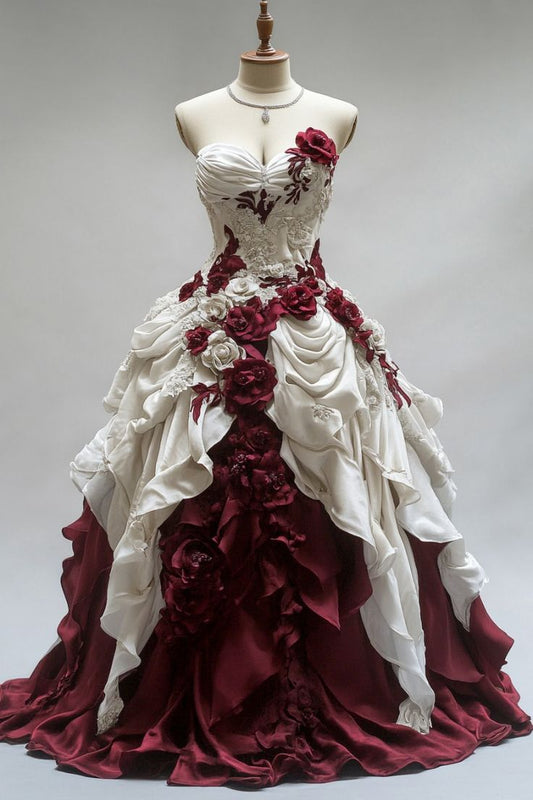 Vintage White and Red Strapless Sweetheart Neck 3D Flower Pleated Long Prom Dress Evening Dress TP2488