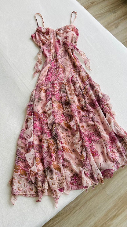 Vintage Strapless V-Neck Printed Chiffon Sleeveless A-Line Prom Dress Evening Dress TP2498
