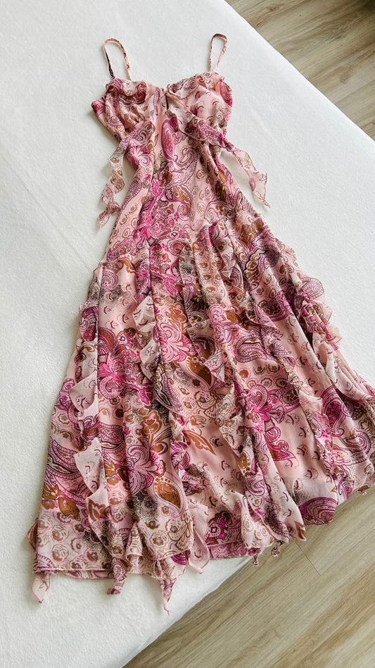 Vintage Strapless V-Neck Printed Chiffon Sleeveless A-Line Prom Dress Evening Dress TP2498