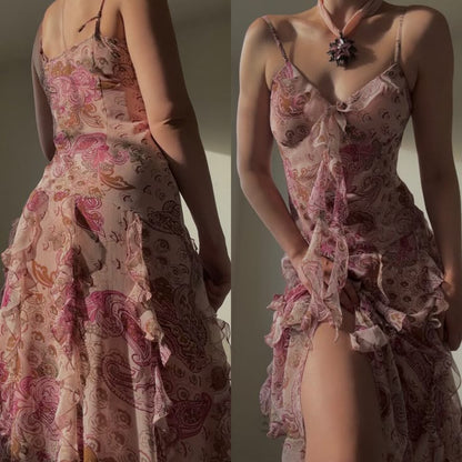 Vintage Strapless V-Neck Printed Chiffon Sleeveless A-Line Prom Dress Evening Dress TP2498