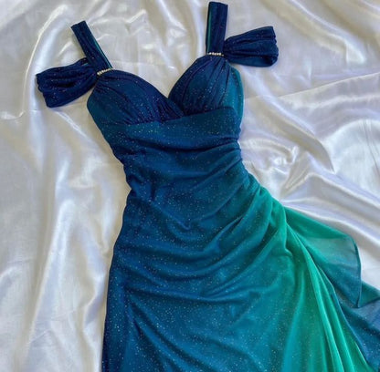 Vintage Shiny Gradient Blue-green Sheath Chiffon Unique Shoulder Strap Design Long Prom Dress Evening Dress TP2505