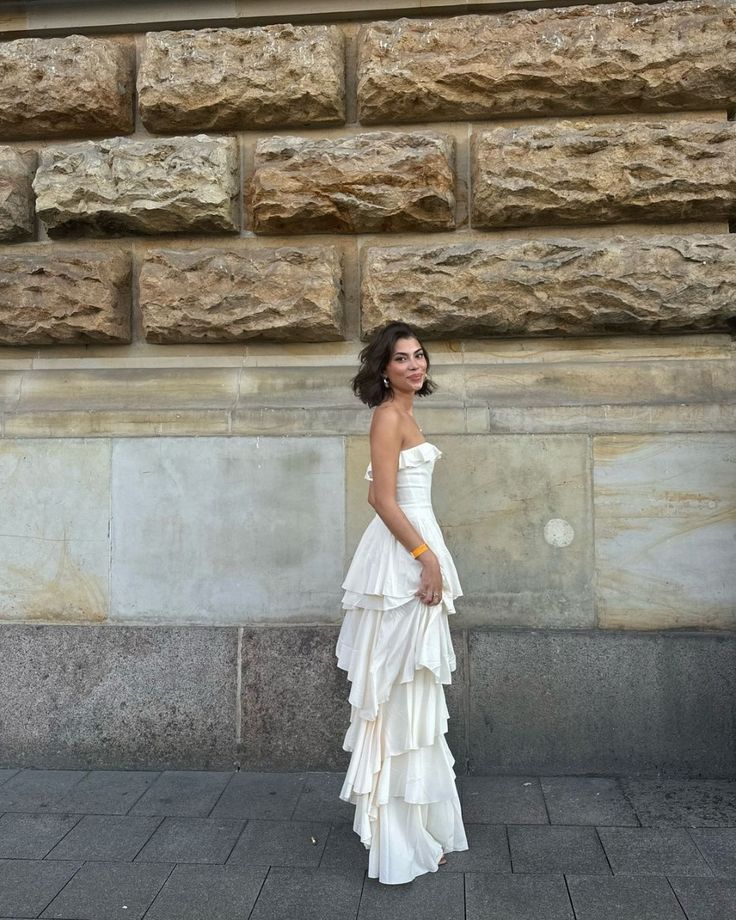 Elegant White Strapless Tiered Ruffle Slit Long Ball Gown Evening Dress TP2513