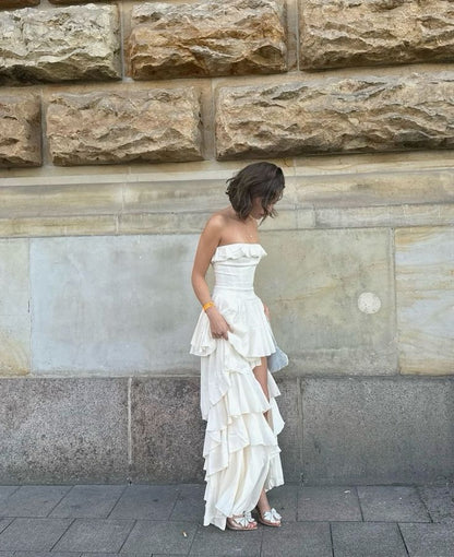 Elegant White Strapless Tiered Ruffle Slit Long Ball Gown Evening Dress TP2513