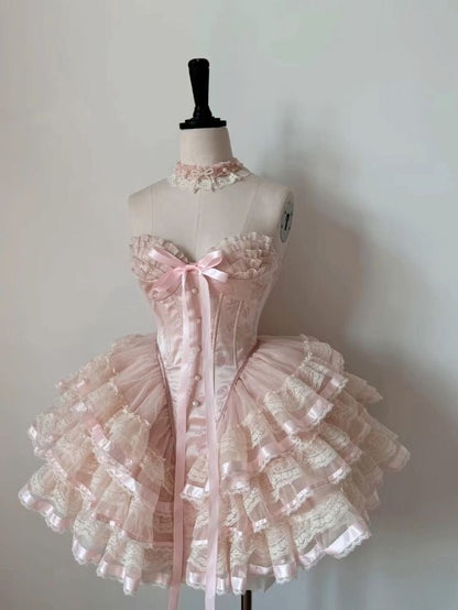 Sweetheart Pink Lace Strapless Sweetheart Neck Tiered A-Line Birthday Party Dress Homecoming Dress TP2533