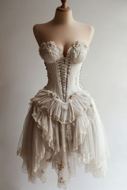 Vintage Ivory Strapless Sweetheart Neck A-Line Mini Party Dress Homecoming Dress TP2535