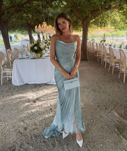 Elegant Blue Spaghetti Strap Sleeveless Pleated Backless Long Formal Prom Dress Evening Gown TP2536