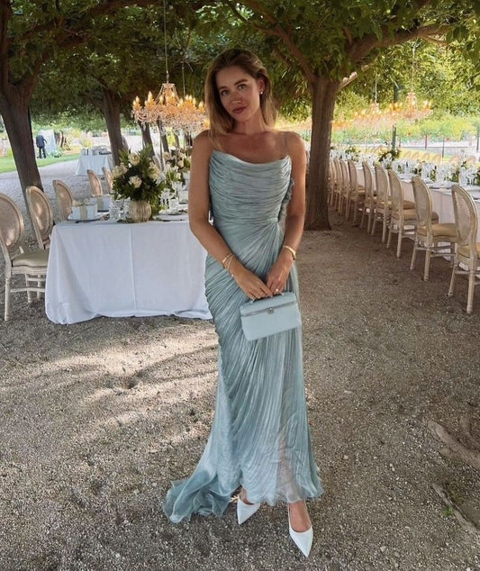 Elegant Blue Spaghetti Strap Sleeveless Pleated Backless Long Formal Prom Dress Evening Gown TP2536