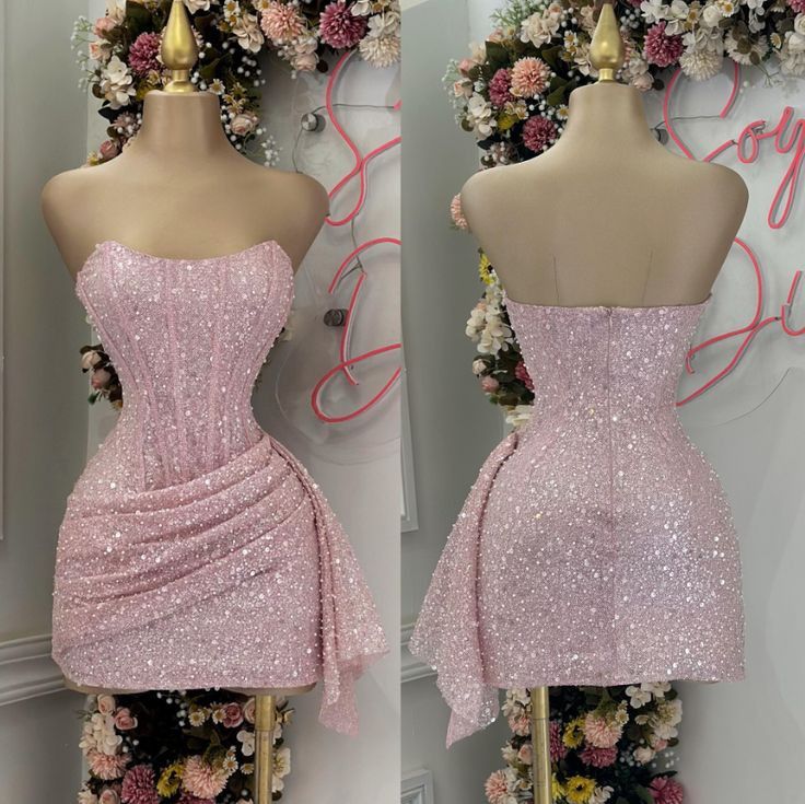 Shiny Pink Sleeveless Bodycon Sequin Mini Birthday Party Dress Homecoming Dress TP2537